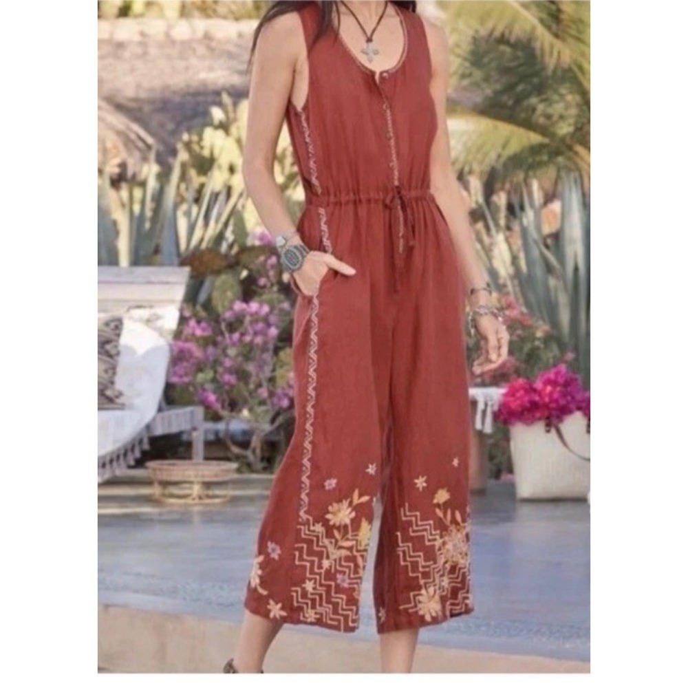 Johnny Was Terracotta Linen Embroidered Wide Leg Jumpsuit Rust J32121-3 Womens